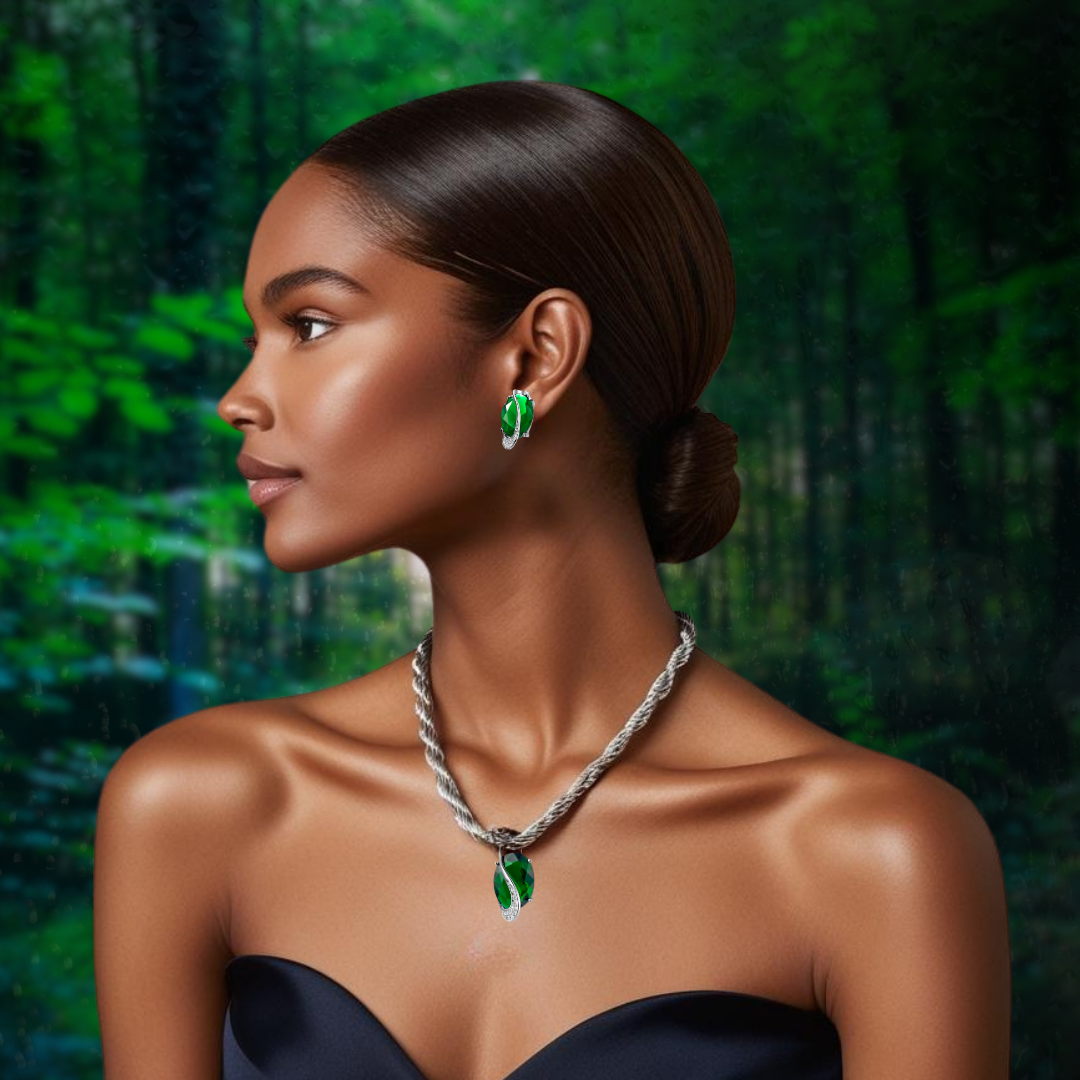 LuxeVerdant™ Pear-Cut Emerald & Gold Halo Jewelry GIFT Set | Elegant Emerald Green Necklace and Earring Gift Set for Women