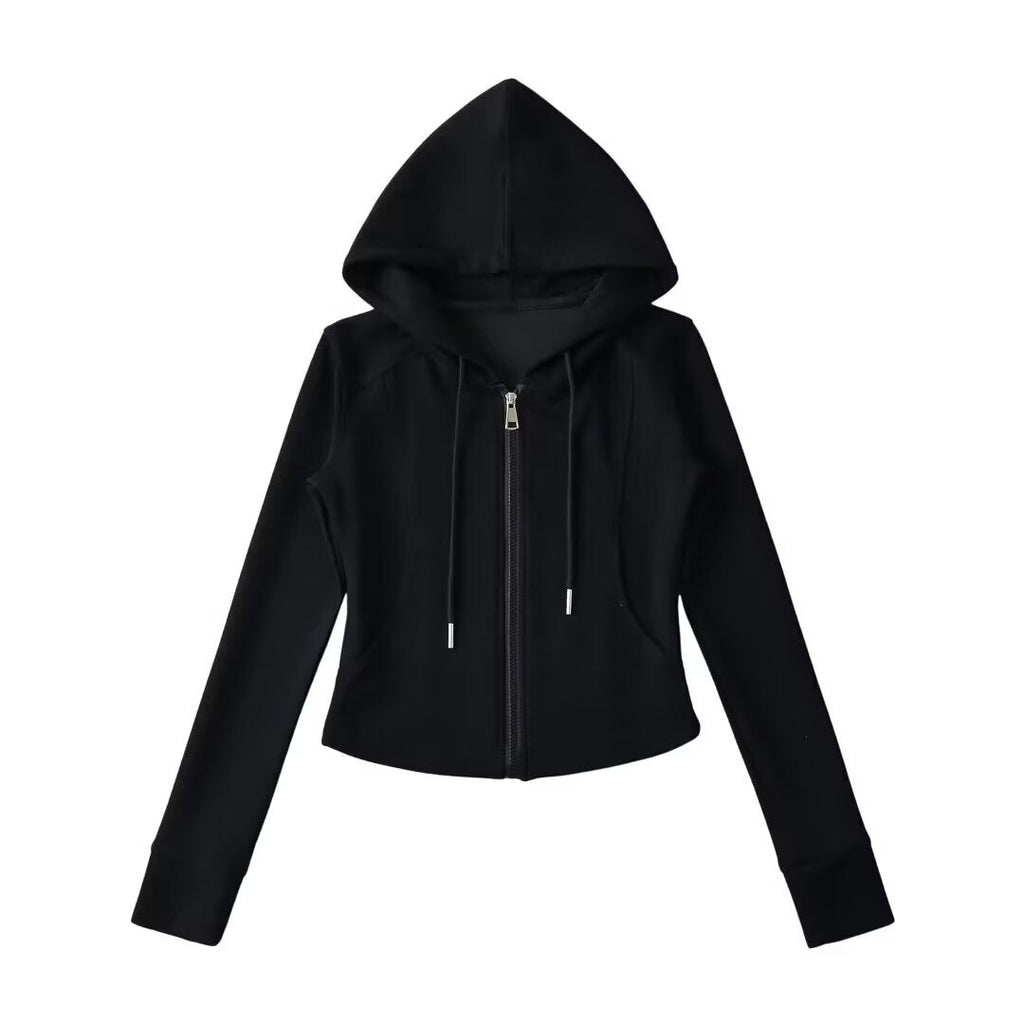 Drawstring hooded zipper long sleeved slim fit hoodie