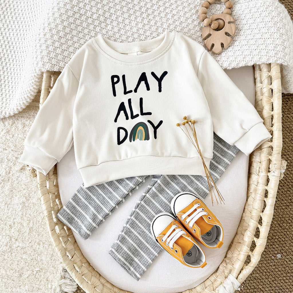 Loose Children's Clothing Letter Print Round Neck Long Sleeve Striped Trousers Suit