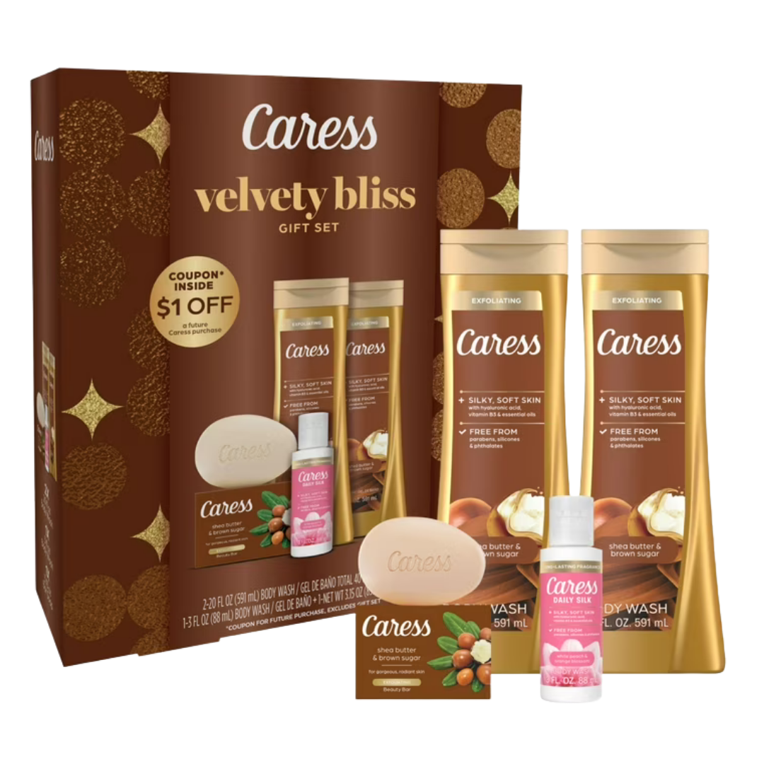 Caress Velvety Bliss Shea Butter & Brown Sugar Gift Set for Women (4-Piece Set)
