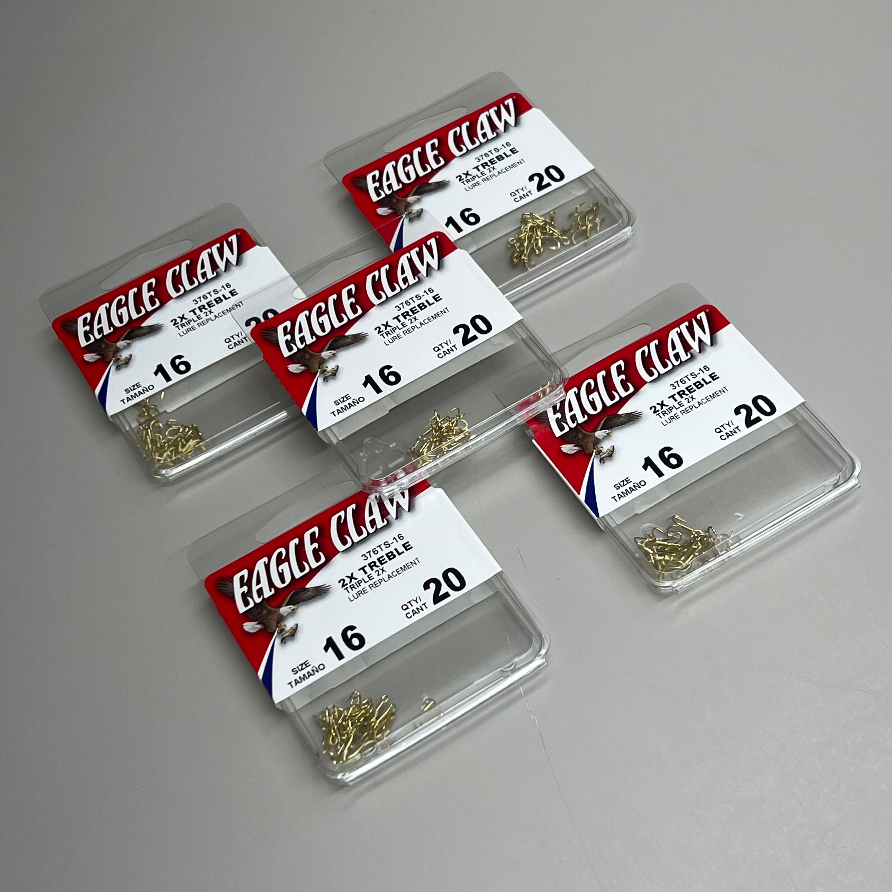 EAGLE CLAW (5 PACK) 2X Treble Hook Triple 2X Lure Repla Gold #16 20pc 376TS-16