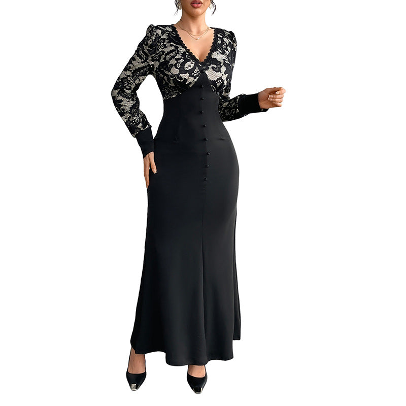 Sexy Retro Lace Splicing Long Sleeve V-neck Dress for Evening and Date