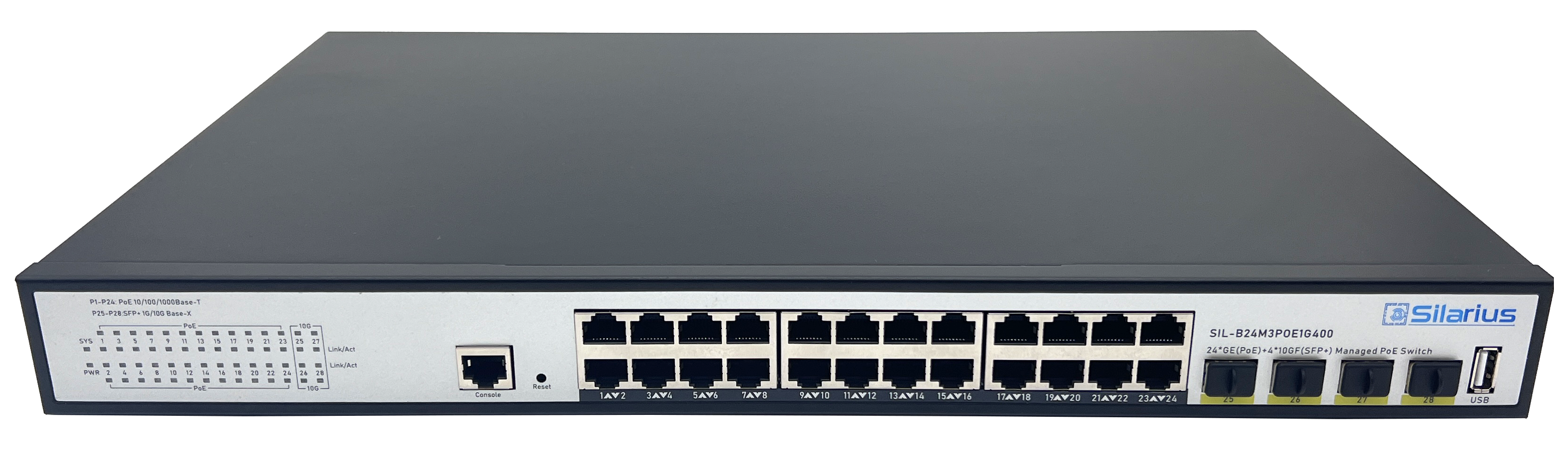 Silarius SIL-B24M3POE1G400 24 Ports 10/100/1000Mbps Gigabit Layer 3 Managed PoE+ switch with 4 Ports 10G SFP+ Uplink, 1 Console, 6KV surge protection, 400W, rack mount installation
