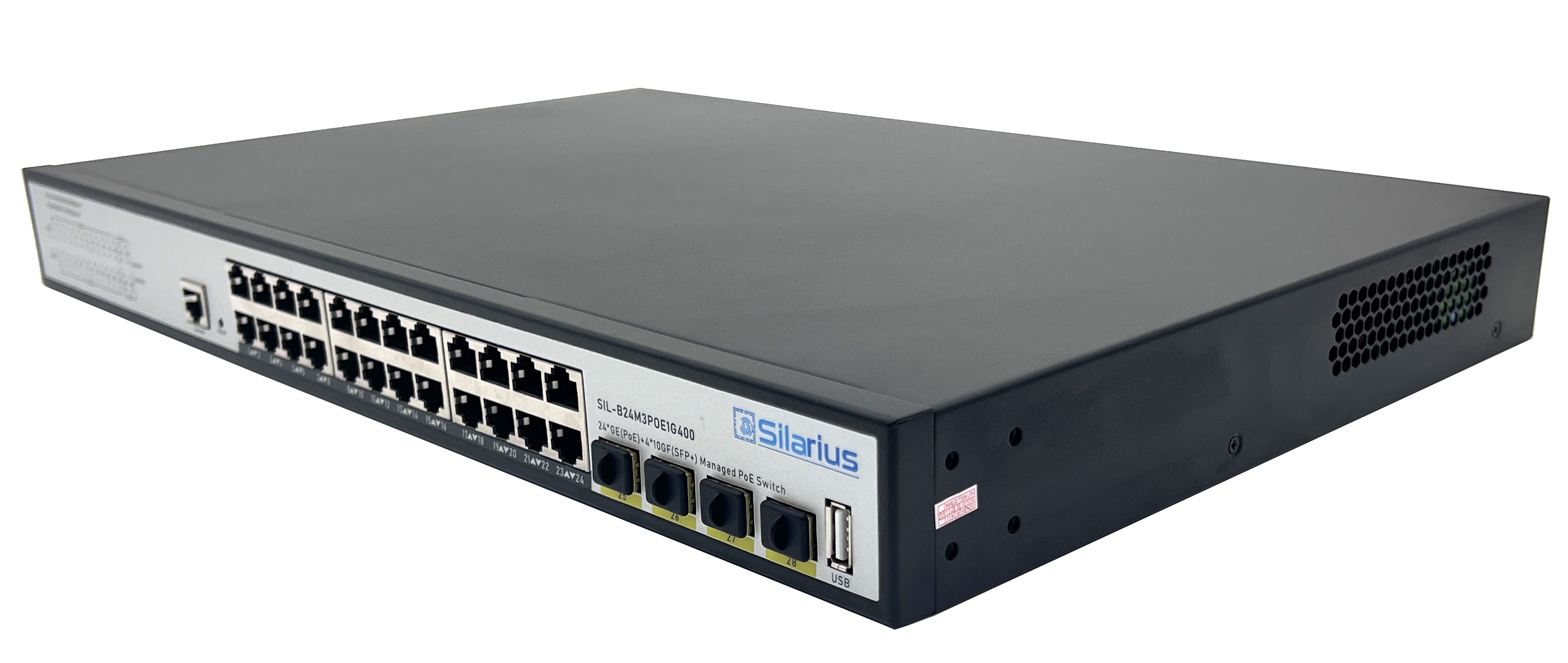 Silarius SIL-B24M3POE1G400 24 Ports 10/100/1000Mbps Gigabit Layer 3 Managed PoE+ switch with 4 Ports 10G SFP+ Uplink, 1 Console, 6KV surge protection, 400W, rack mount installation