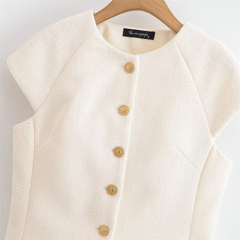 Fashionable Casual Round Neck Versatile Vest with Front Button Closure for Women