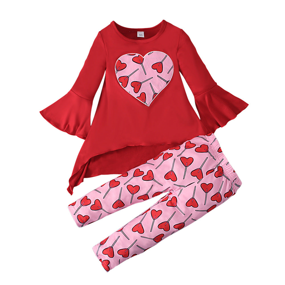 Fashion Flared Sleeve Top Trousers Love Pattern Two-piece Suit