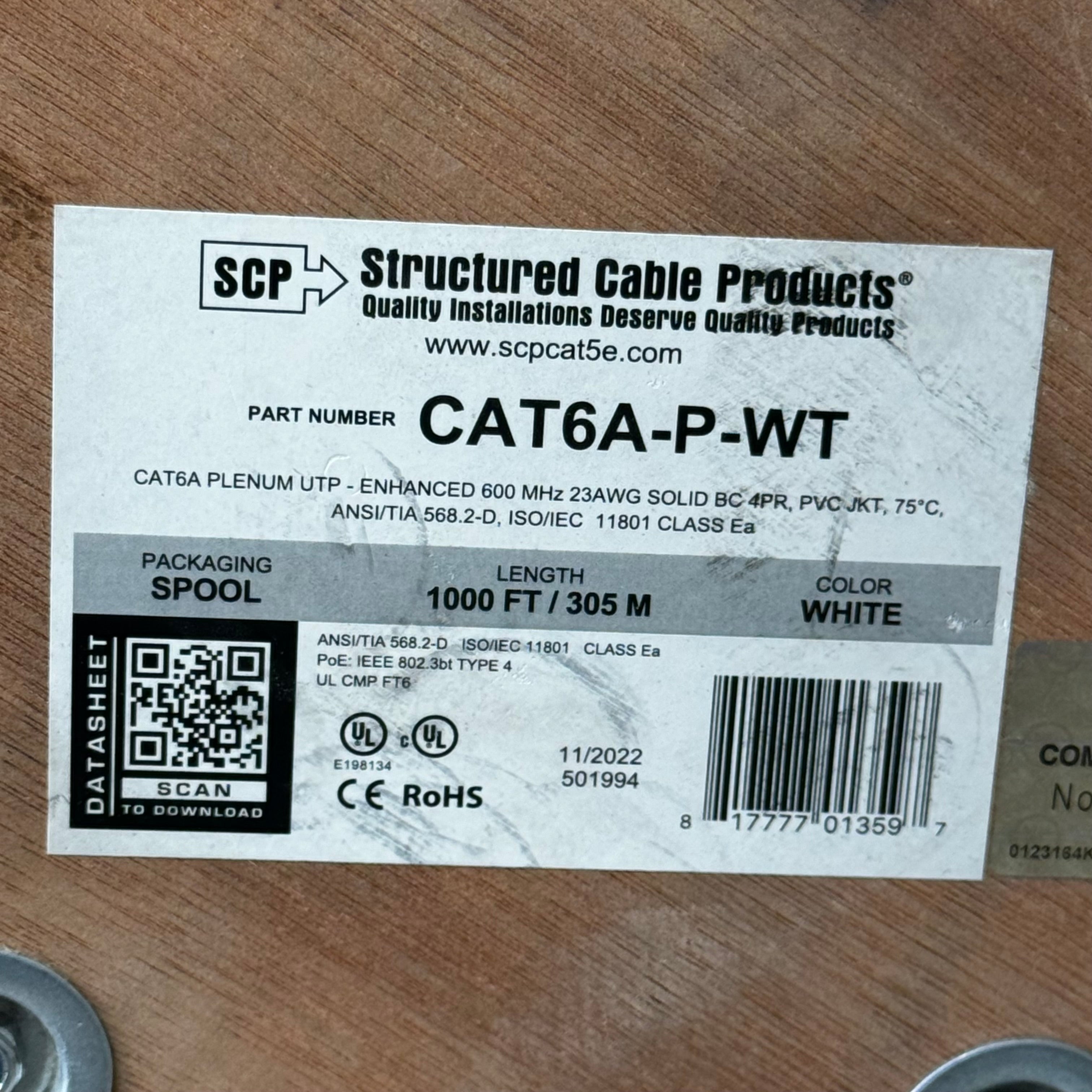 SCP CAT6A Plenum Enhanced 600 MHz 23 AWG Packaging Spool 1000ft White CAT6A-P-WT