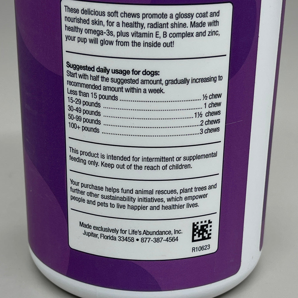 LIFE'S ABUNDANCE Skin & Coat for Dogs Soft Chews 120 Chews 14 oz - 396g BB 10/25