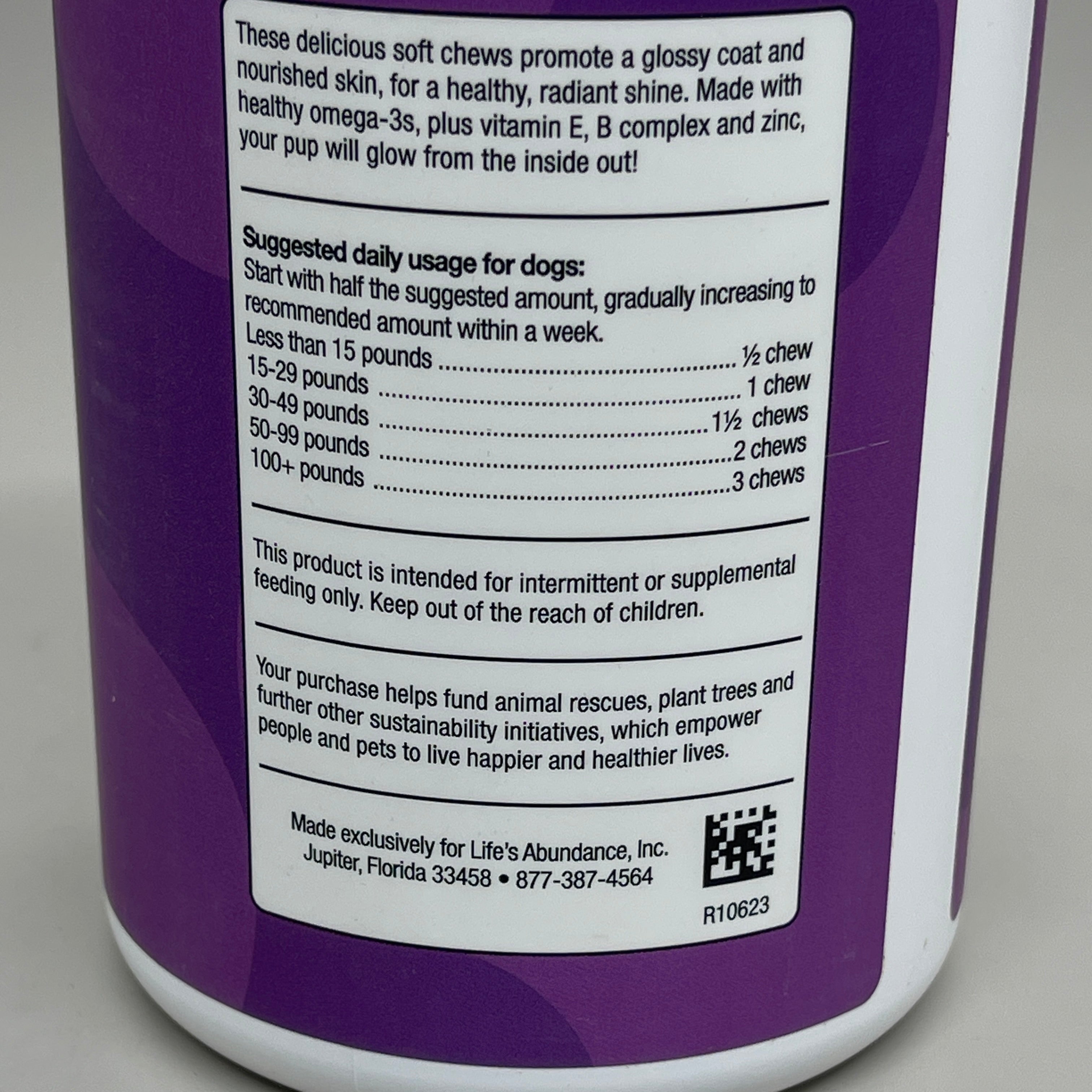 LIFE'S ABUNDANCE Skin & Coat for Dogs Soft Chews 120 Chews 14 oz - 396g BB 10/25
