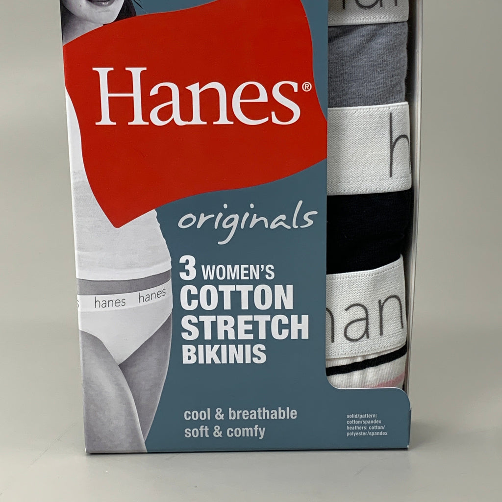 HANES 3 PACK!! Originals Women's Breathable Cotton Bikini Underwear Sz 5/S Black/Heather/Stripe 45OUBK