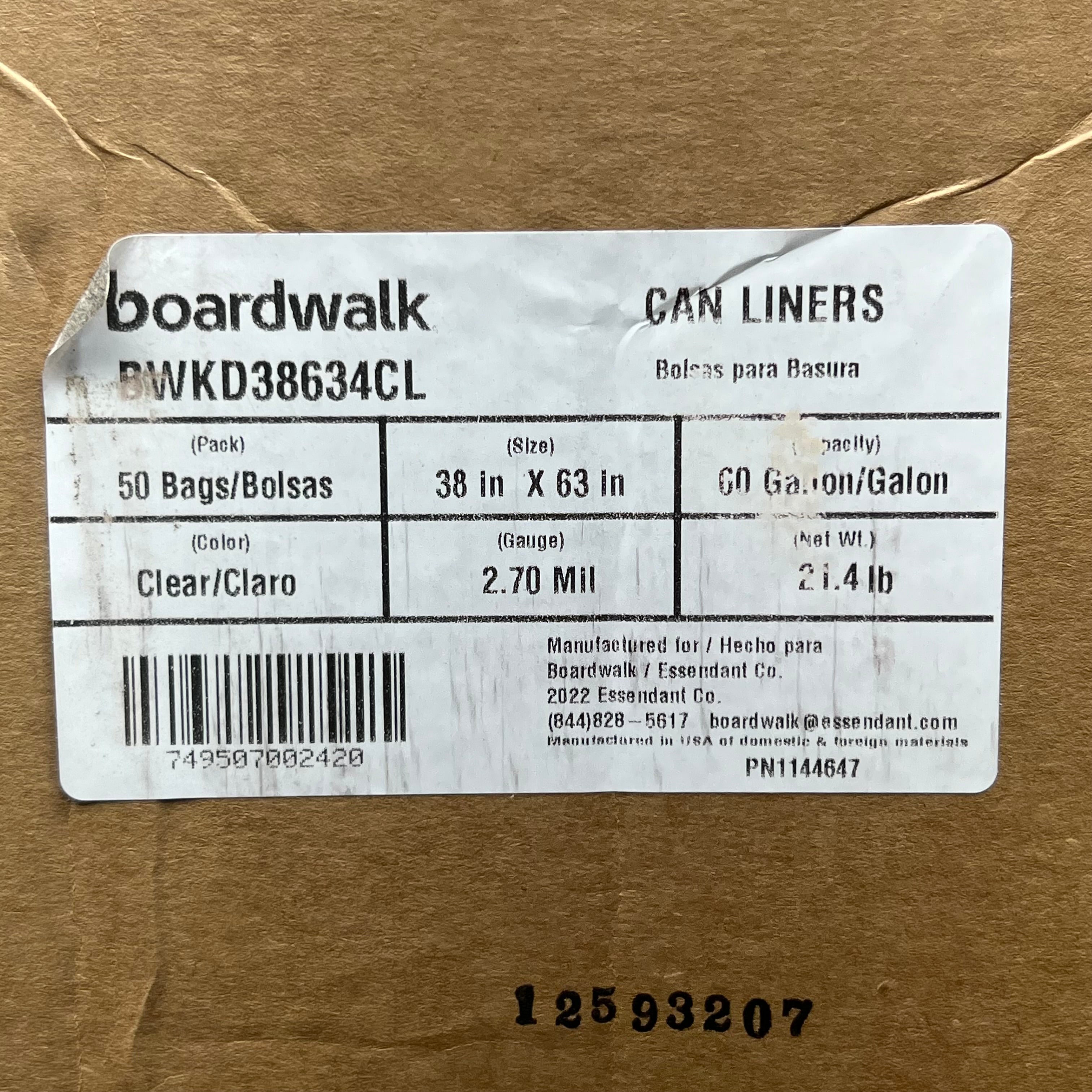 BOARDWALK (50 BAGS) Can Liners Trash Bags 60 Gallon 2.7 Mil Clear