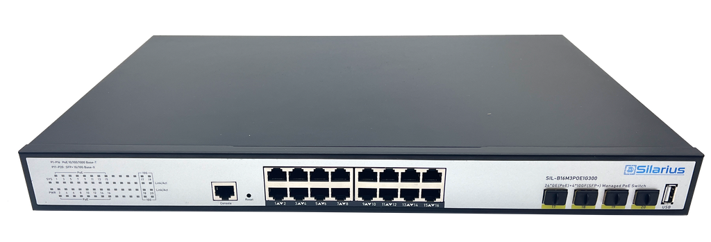 Silarius SIL-B16M3POE1G300 16 Ports 10/100/1000Mbps Gigabit Layer3 Managed PoE+ switch with 4 Ports 10G SFP+ Uplink,1USB, 1 Console, 6KV surge protection,300W,rack mount installation