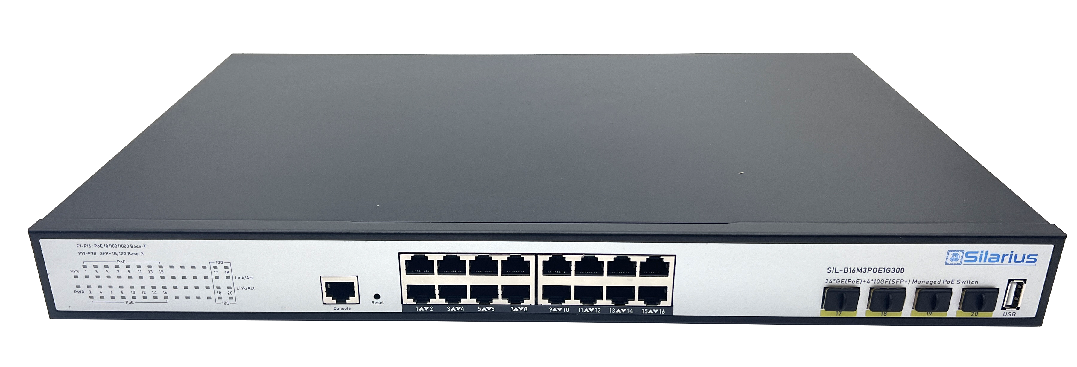 Silarius SIL-B16M3POE1G300 16 Ports 10/100/1000Mbps Gigabit Layer3 Managed PoE+ switch with 4 Ports 10G SFP+ Uplink,1USB, 1 Console, 6KV surge protection,300W,rack mount installation
