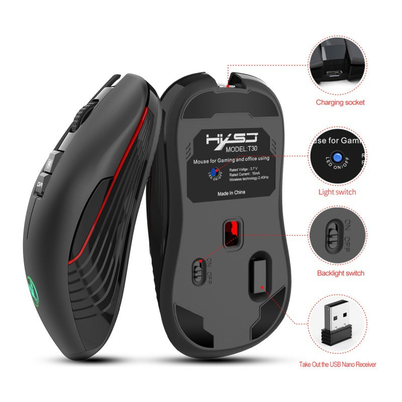 New Rechargeable Wireless Mouse 3600dpi Adjustable Colorful Luminous Gaming Mouse 7D Can Turn Off Lights