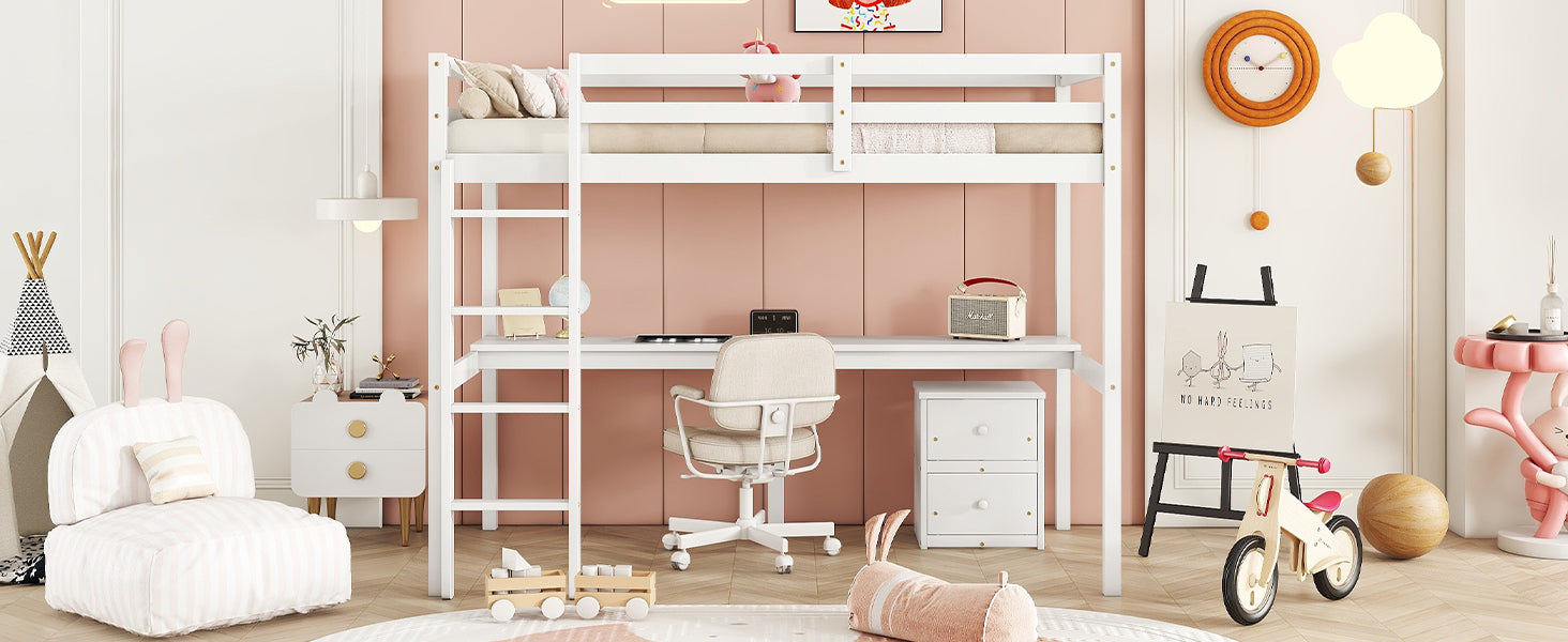 Twin Loft Wood Bed with Under-bed, Built-in Desk, a Storage Cabinet of 2 Drawers, Guardrails, Ladder,White