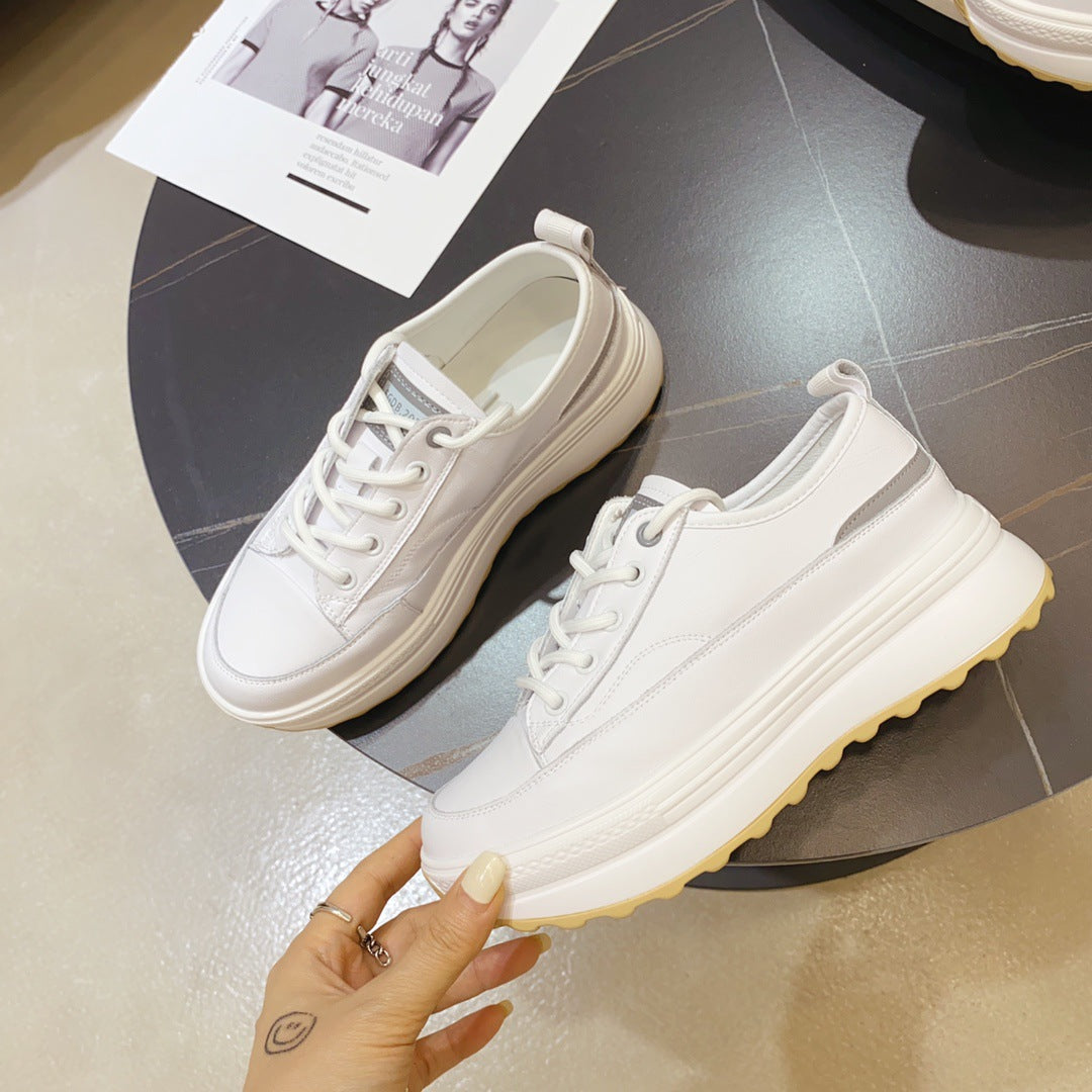 Cowhide Sponge Cake Platform White Shoes Women