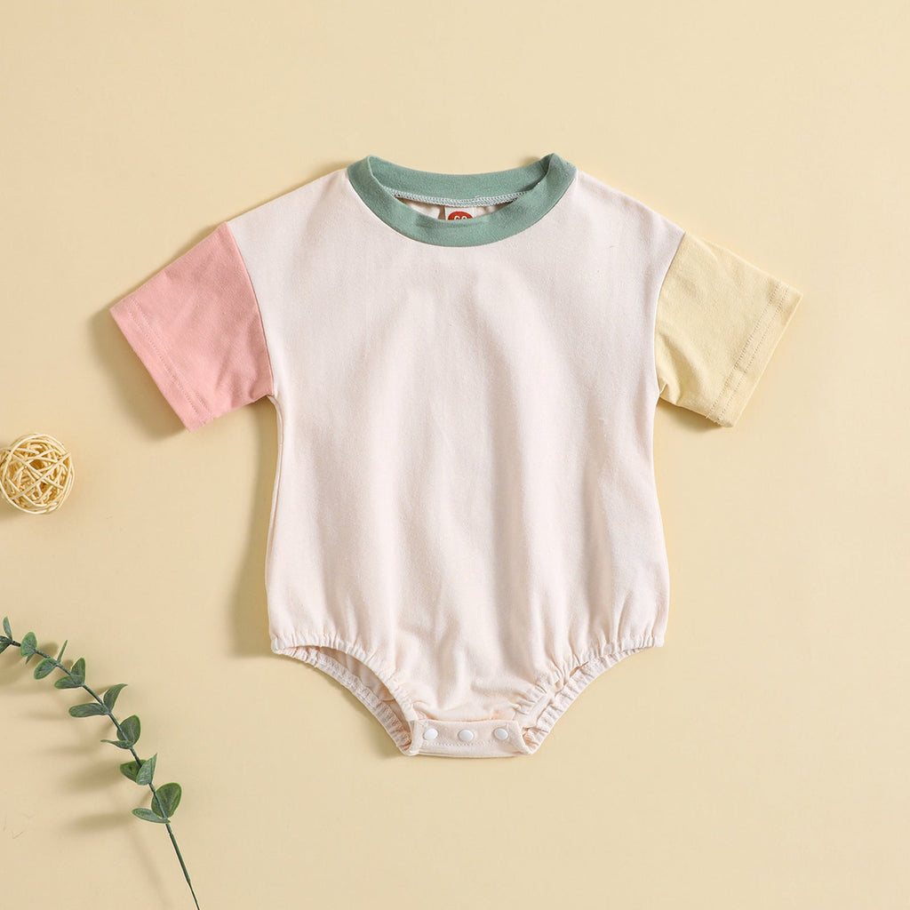 Baby Solid Color Stitching Romper Short Sleeve