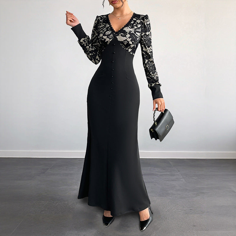 Sexy Retro Lace Splicing Long Sleeve V-neck Dress for Evening and Date