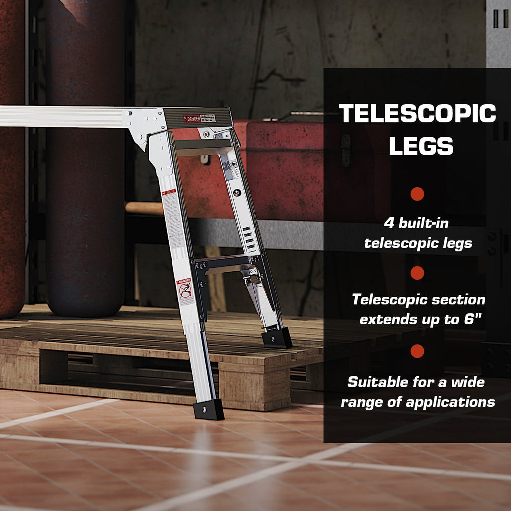Aluminum Work Platform Large Size Step Stool Folding Portable Work Bench 40" Width Telescopic Feet 22" -27.5" Height Adjustable