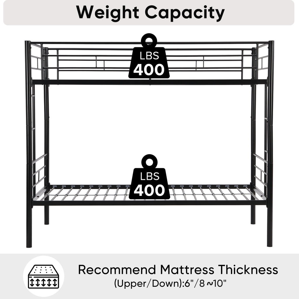 Double decker bed, size above twin bed, with 2 ladders and full-length guardrail, metal, storage space, black