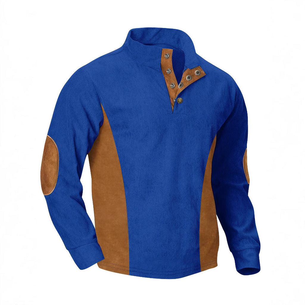 European men's casual stand up collar long sleeved corduroy sweatshirt with pit stripe