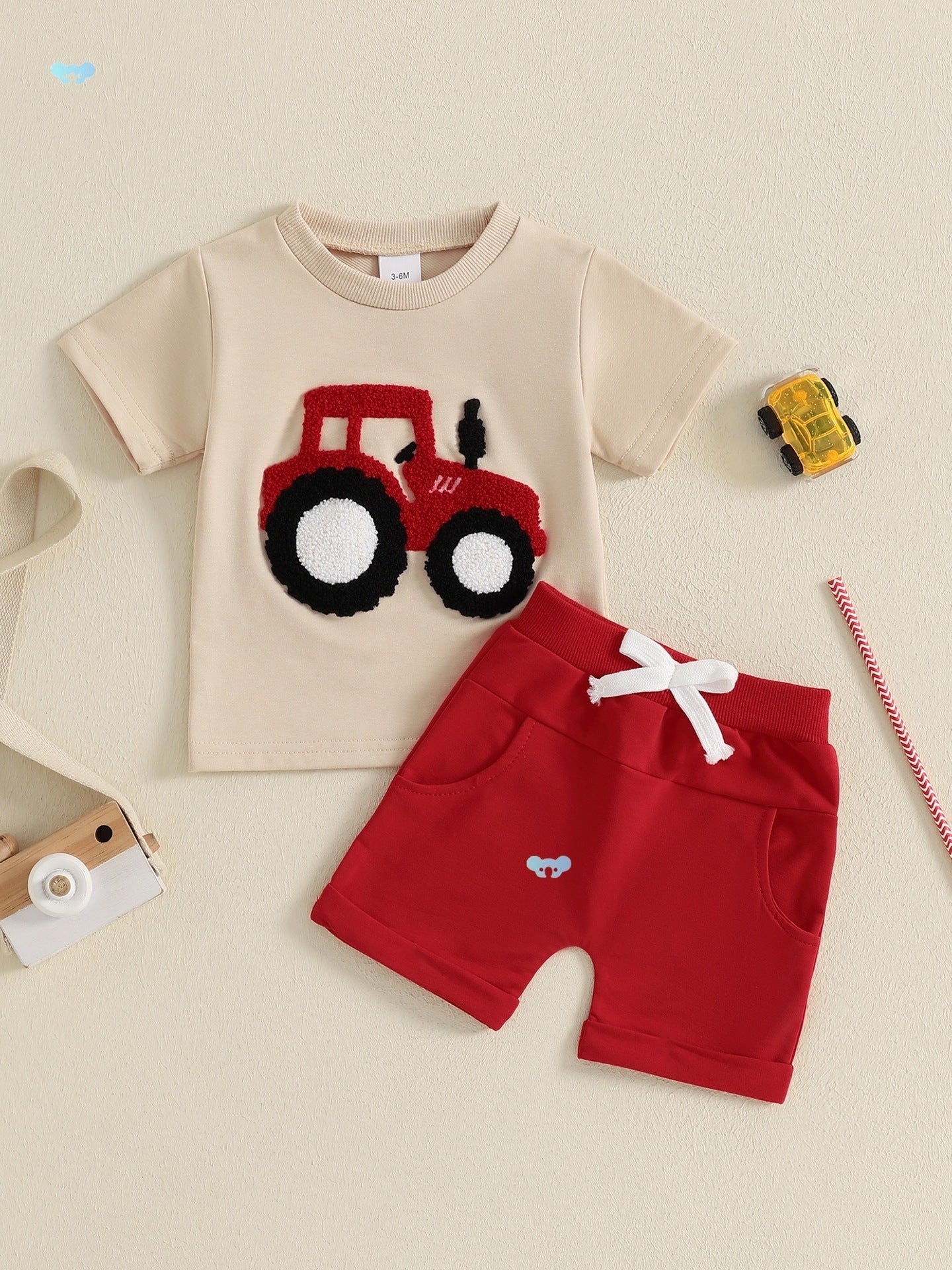 Toddler Boys Summer Outfits Truck Embroidered Round Neck