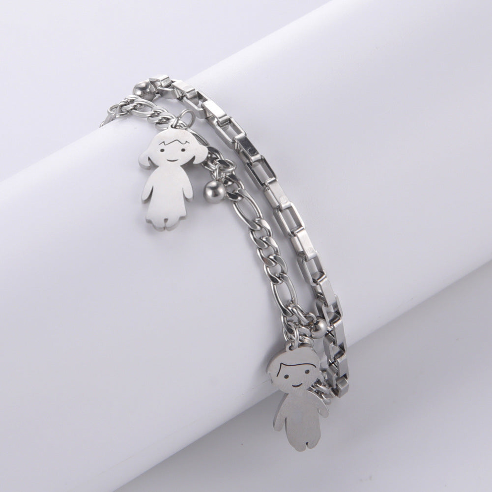 Cartoon Character Titanium Steel Ball Figaro Chain Double Layer Bracelet