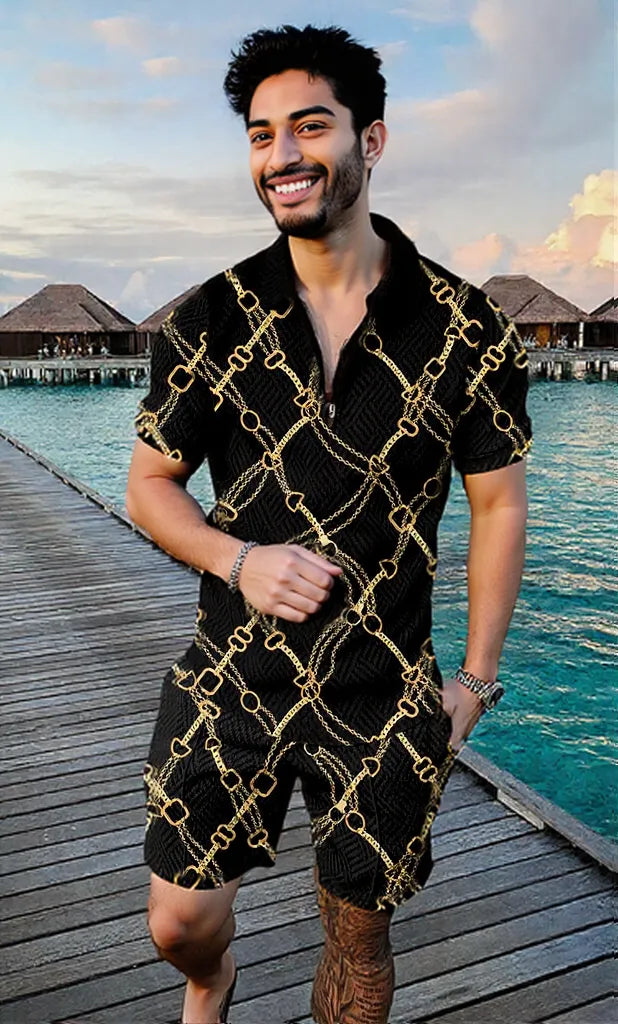 Men's Summer Fashion 3D Printed Short Sleeve Geometric Zip Lapel Shirt Set