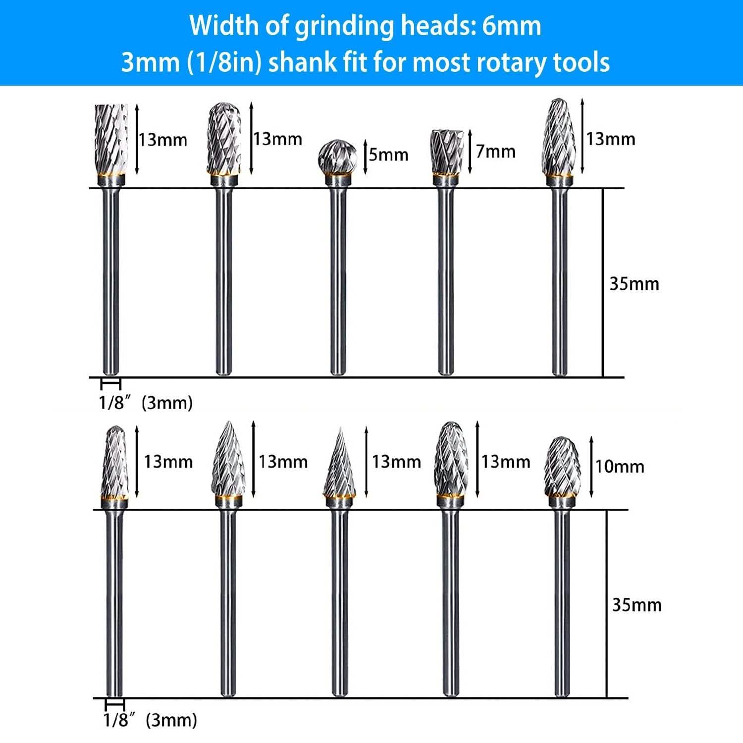 10-Piece: Double Cut Carbide Rotary Die Grinder Bit Set