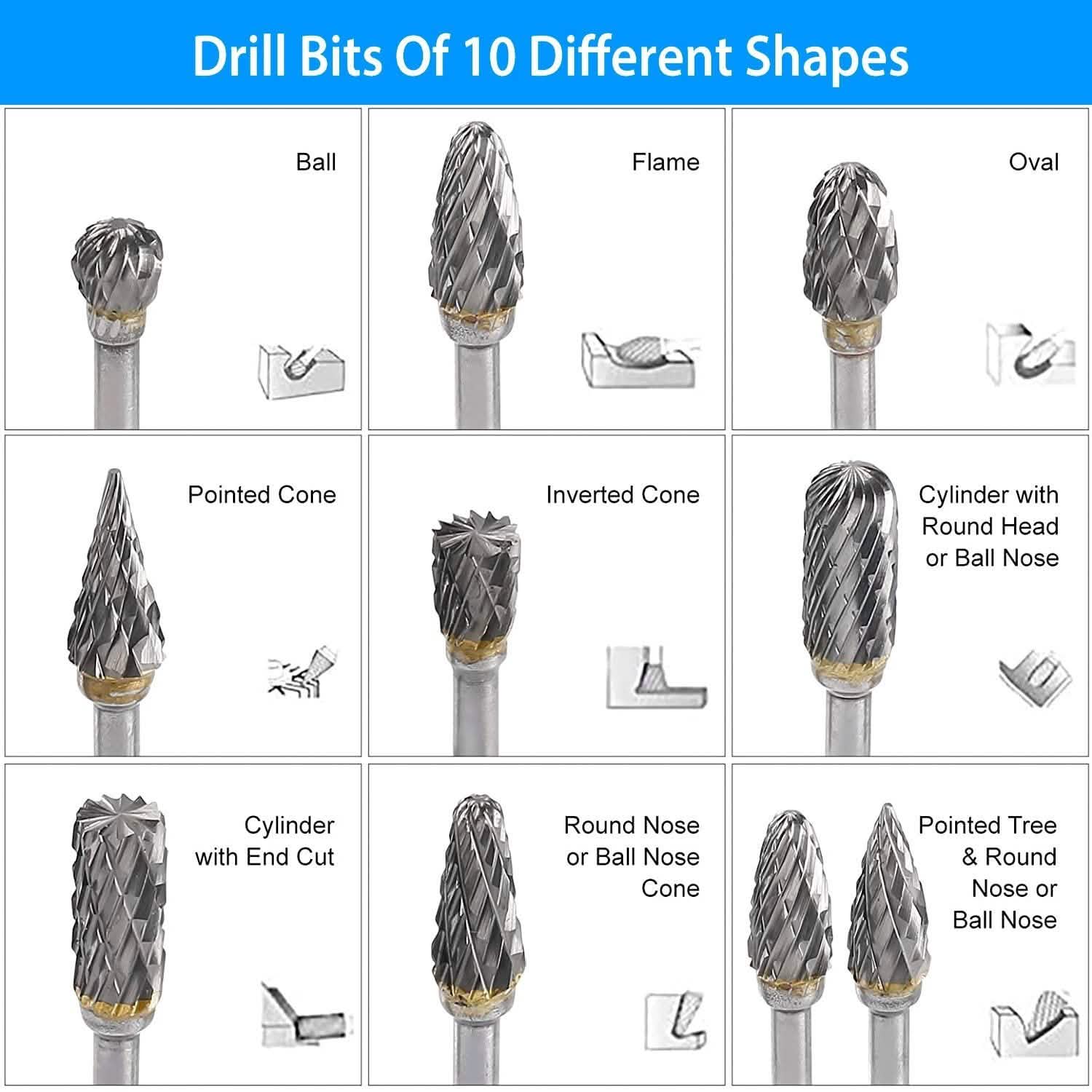 10-Piece: Double Cut Carbide Rotary Die Grinder Bit Set