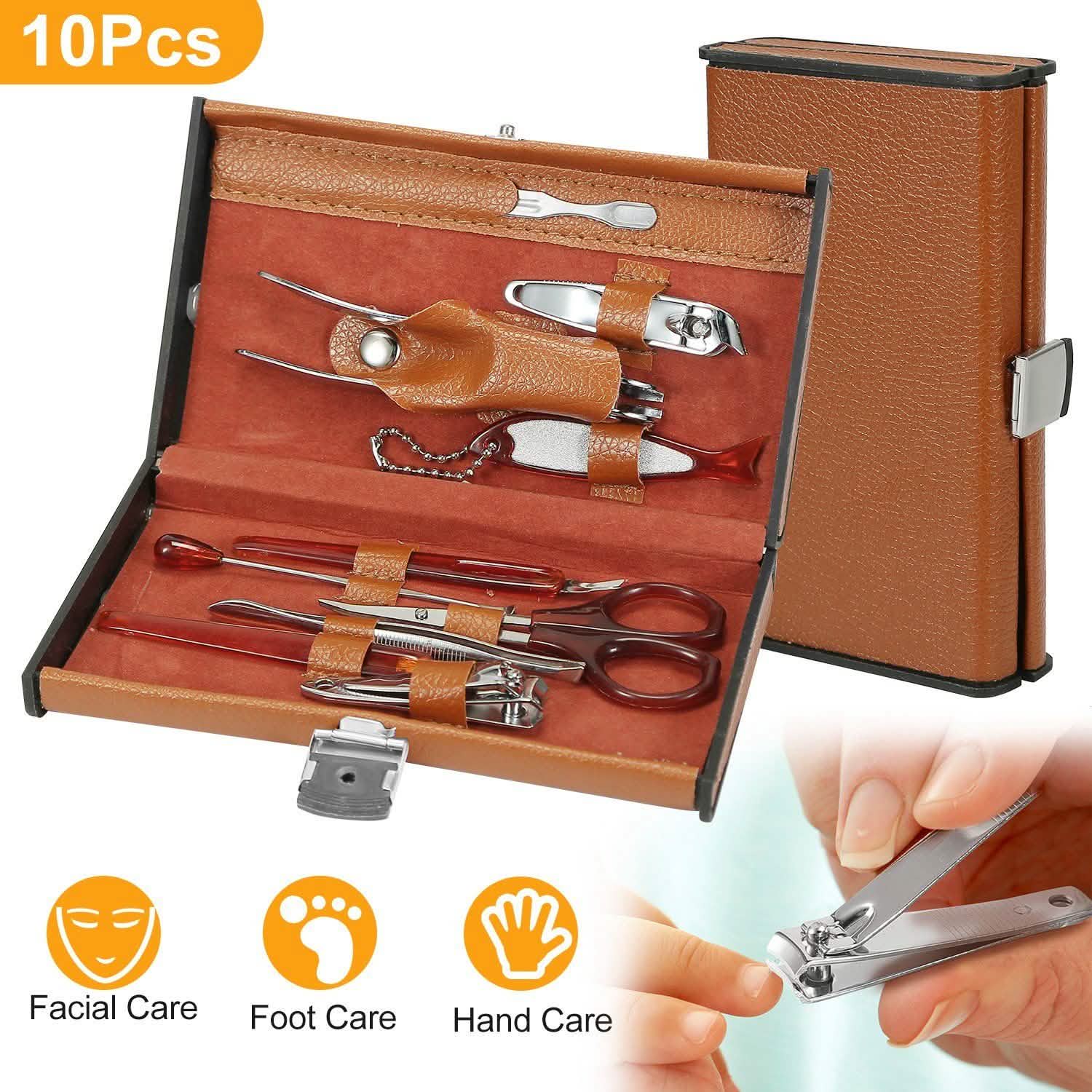 10-Piece: Pedicure, Manicure and Grooming Kit with Leather Case