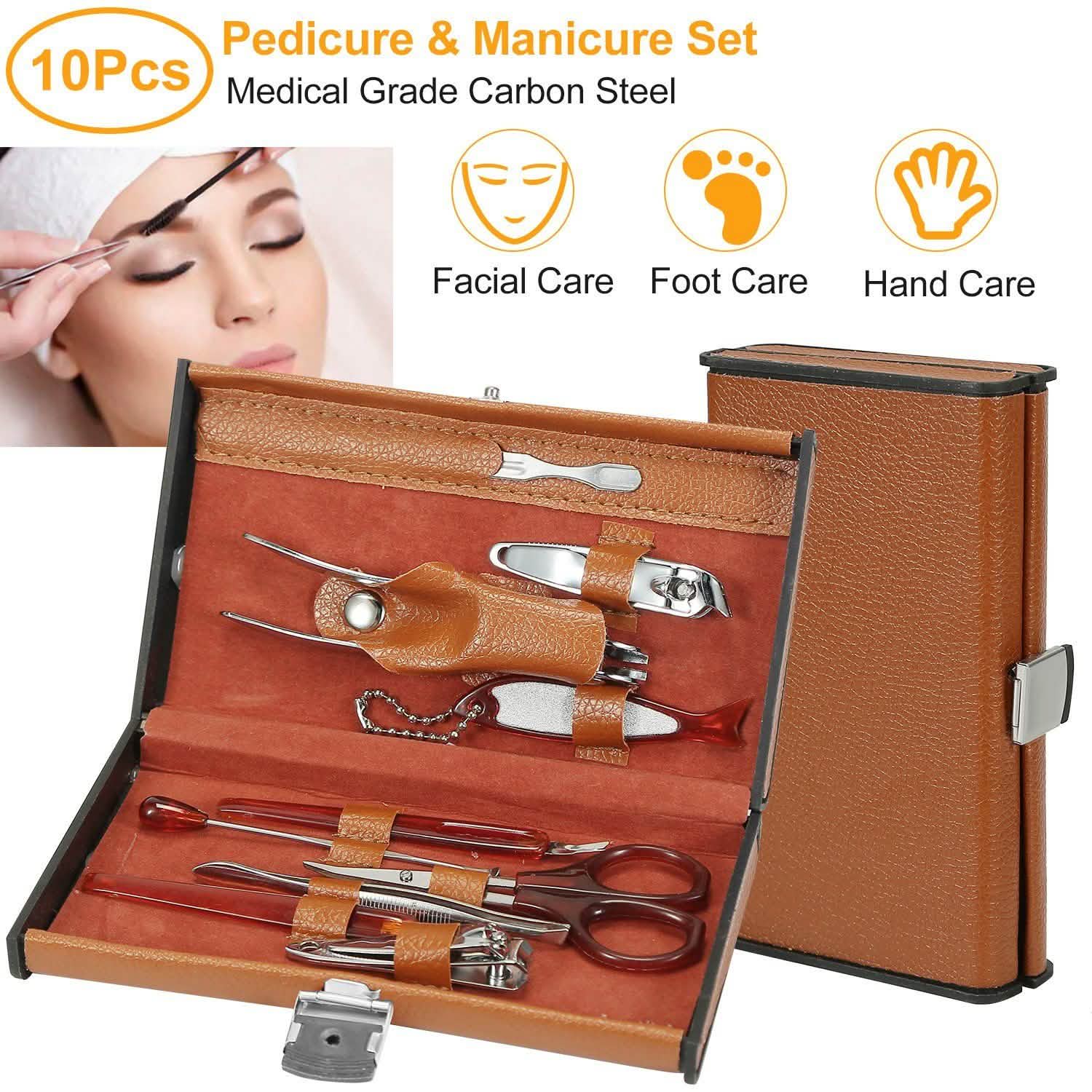 10-Piece: Pedicure, Manicure and Grooming Kit with Leather Case