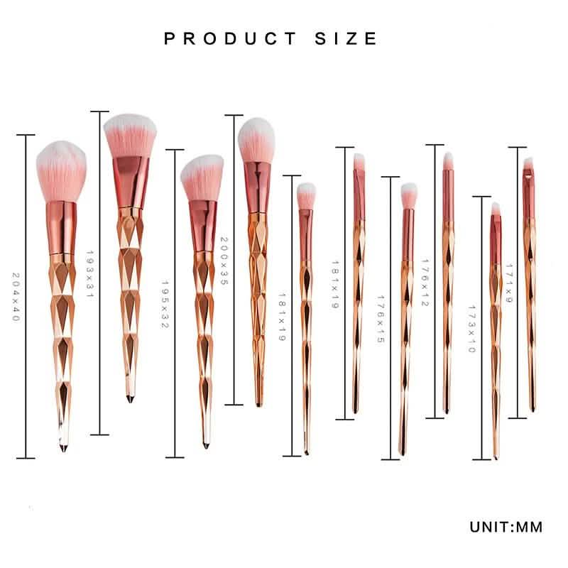 10-Piece: Unicorn Makeup Brush Rose Gold Diamond Handle Set