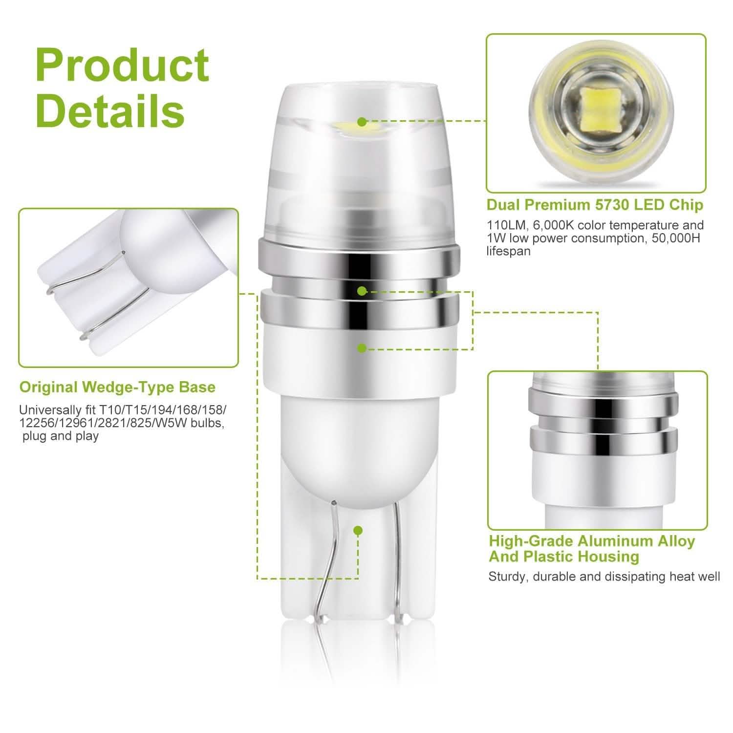 10-Piece: Xenon White Wedge Base LED Bulbs