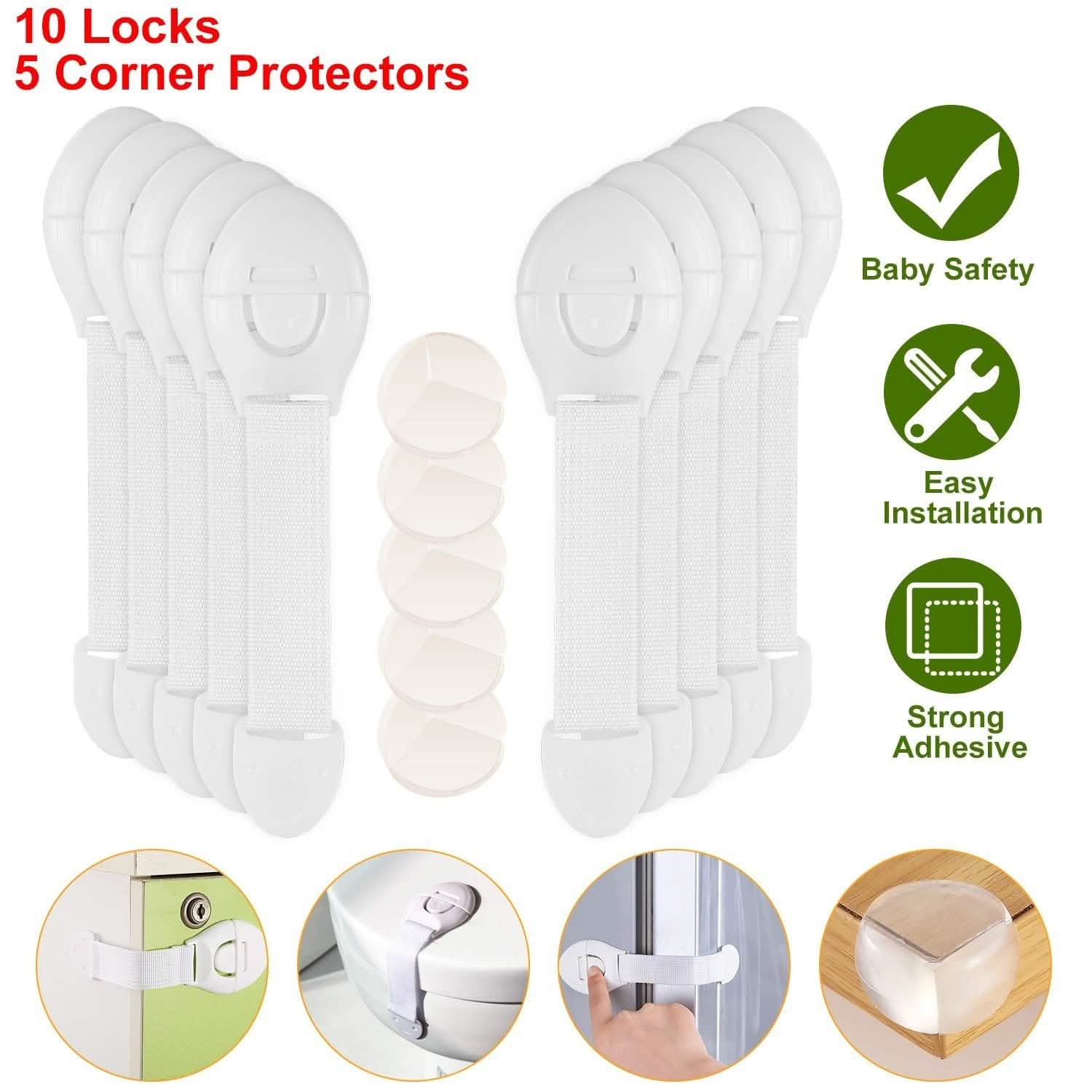 10-Pieces: Kids Safety Locks with 5 Furniture Corner Protectors
