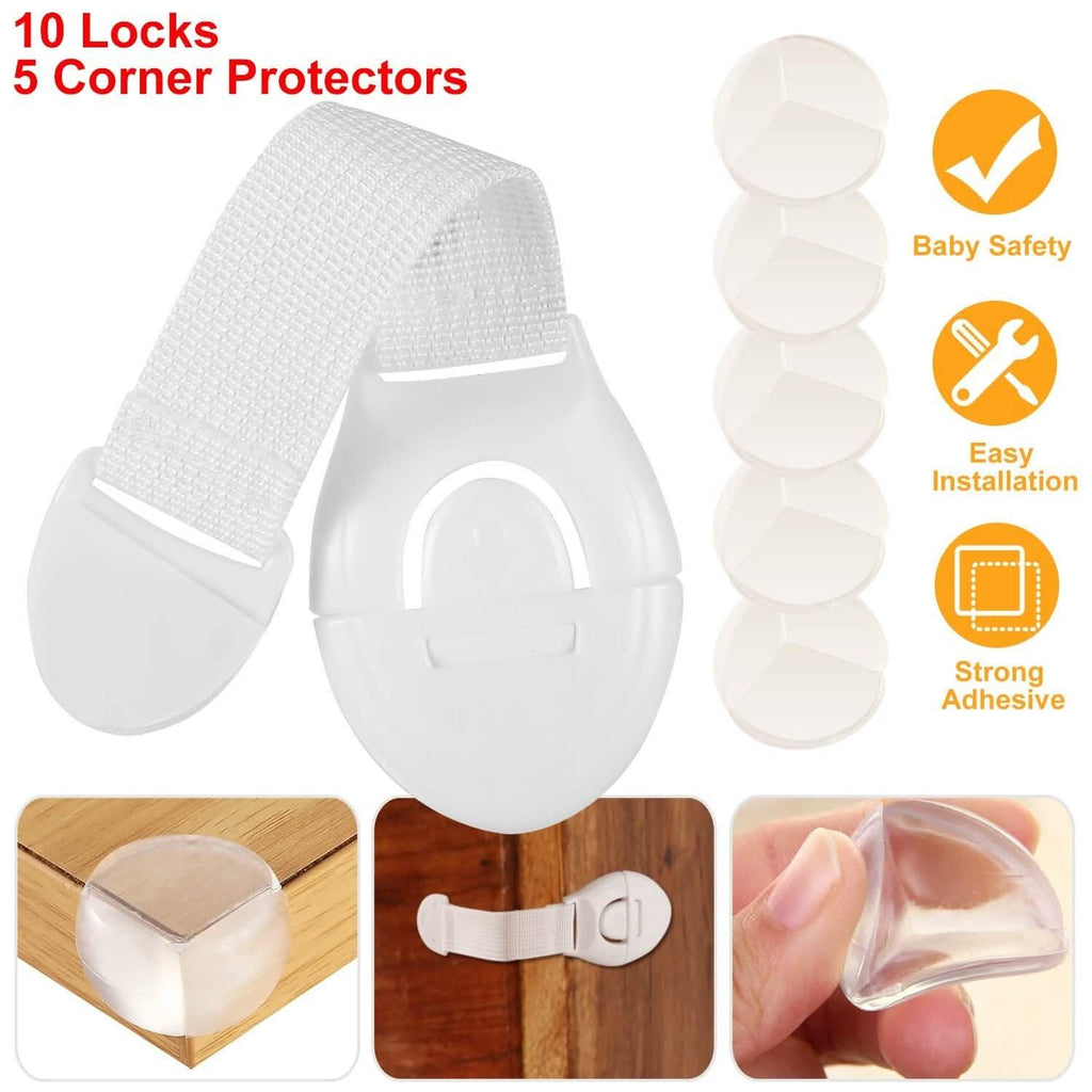 10-Pieces: Kids Safety Locks with 5 Furniture Corner Protectors