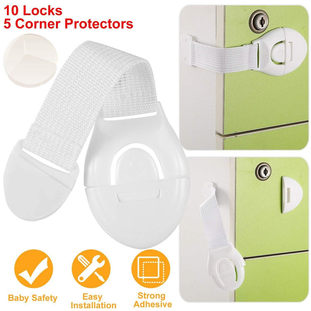 10-Pieces: Kids Safety Locks with 5 Furniture Corner Protectors