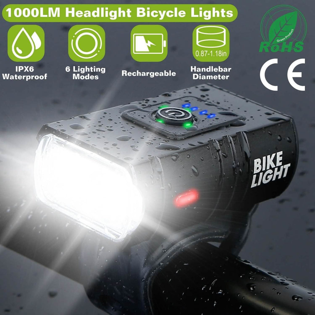 1000LM Bike Front Light Rechargeable Handlebar Head Light with 6 Lighting Modes