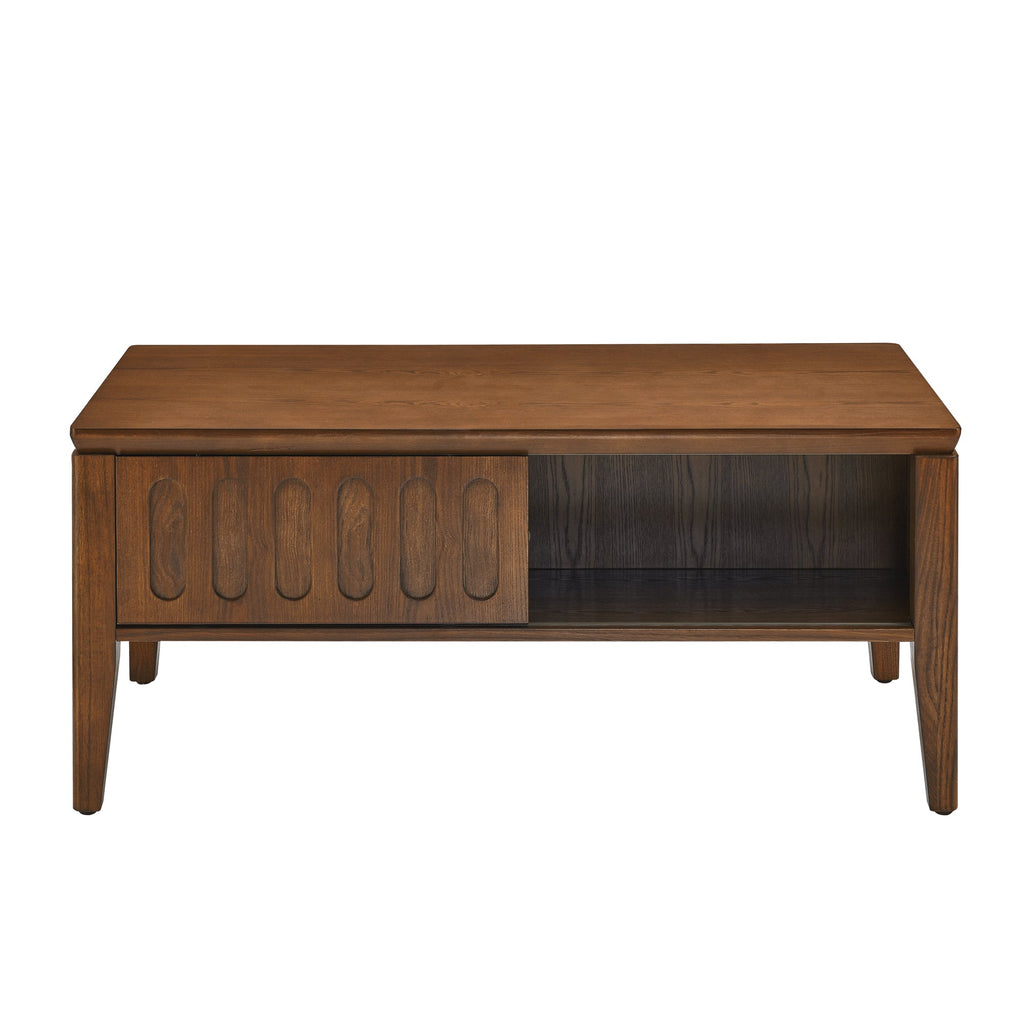 Medieval modern flute coffee table with storage sliding door and solid wood legs, vintage farmhouse wood central table