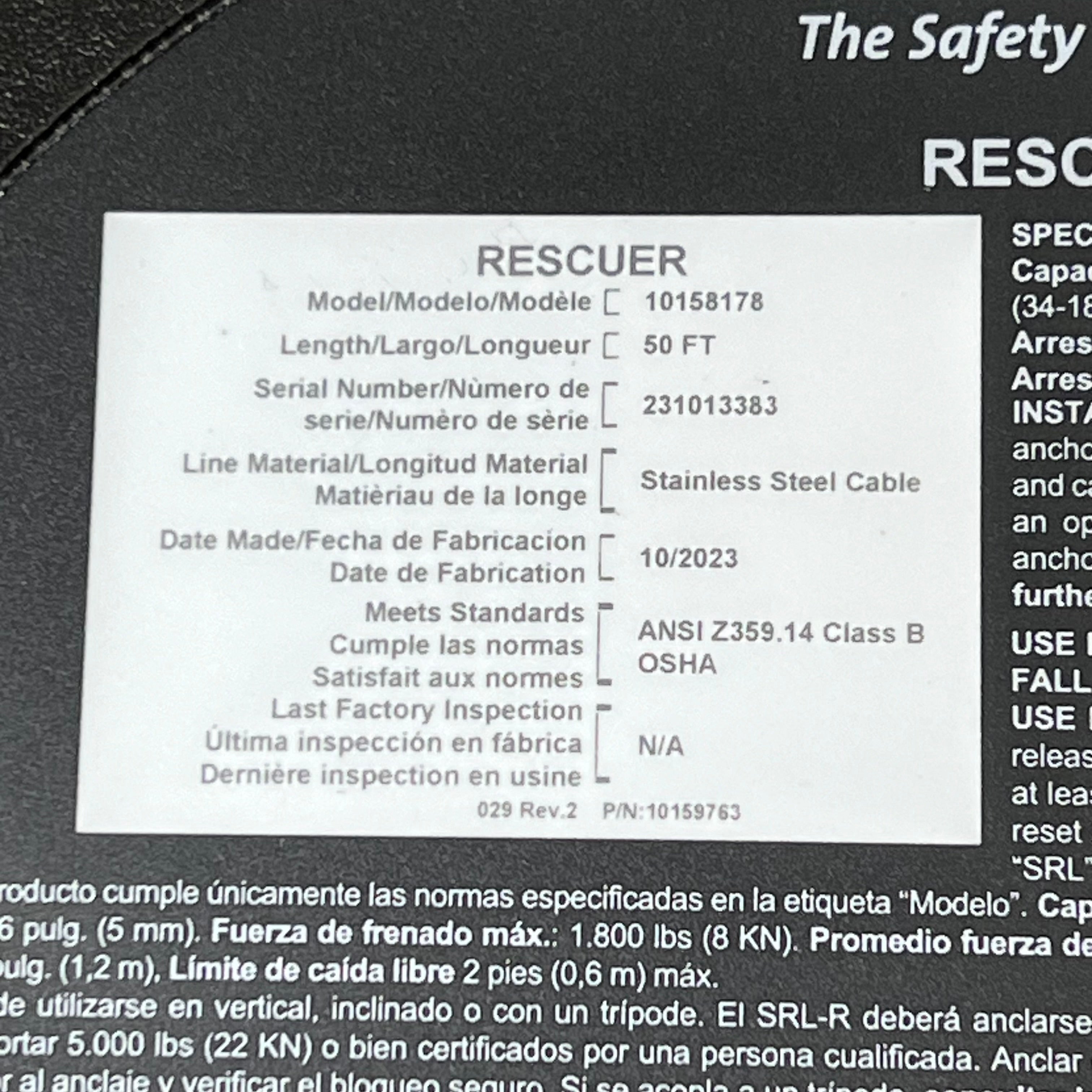 MSA Workman Rescuer 50 ft Stainless Steel Cable 400 lb Cap 3/16" Thick 10158178