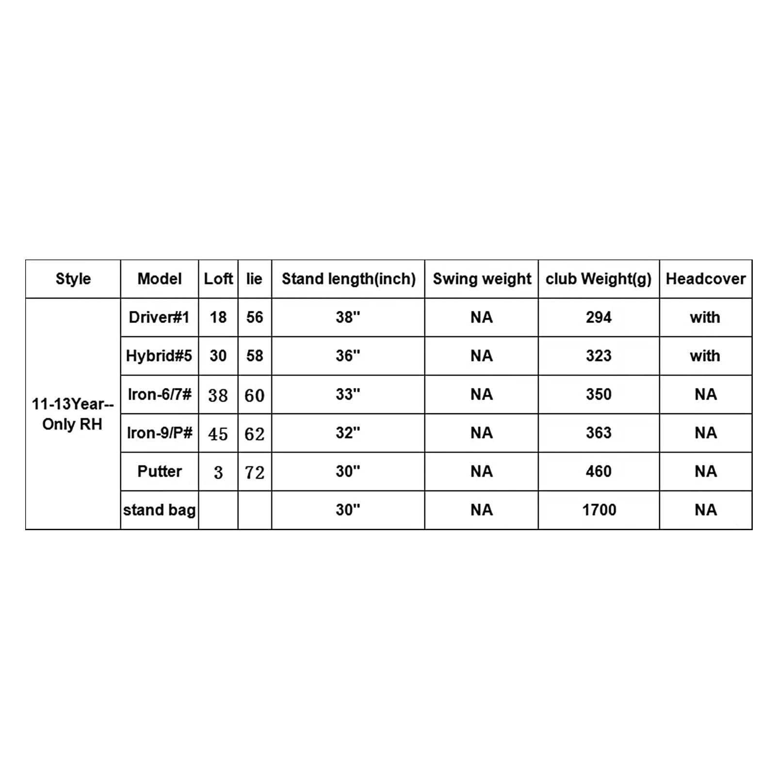 11-13 Age Lightweight Junior Golf Clubs