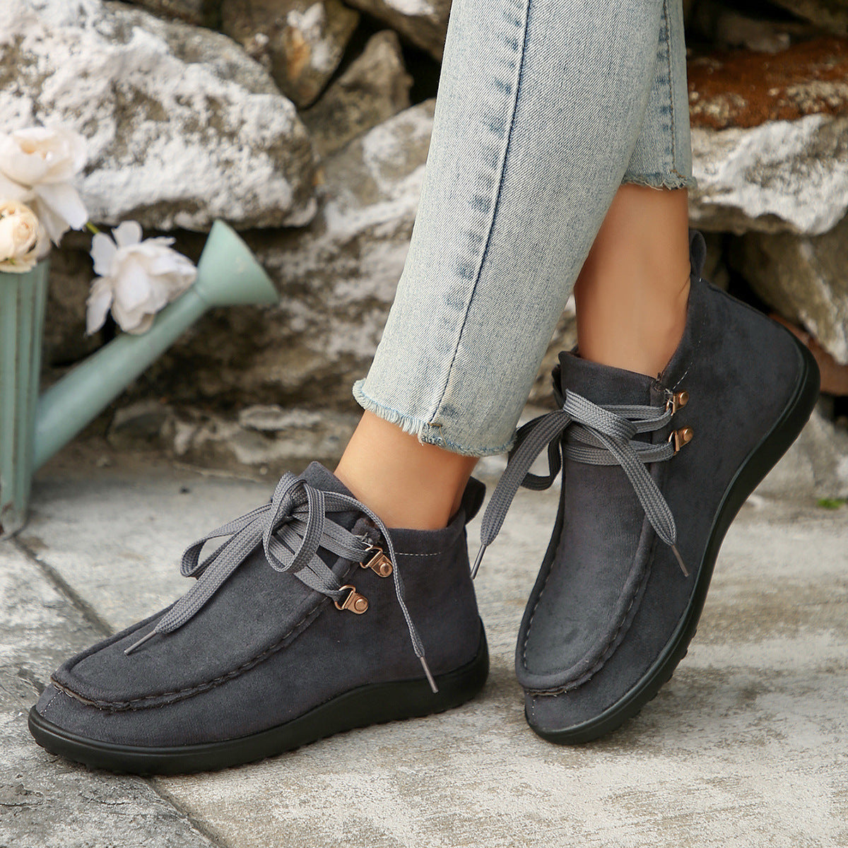Lace-up Suede Single Shoes for Women Thick Sole Cloth Shoes