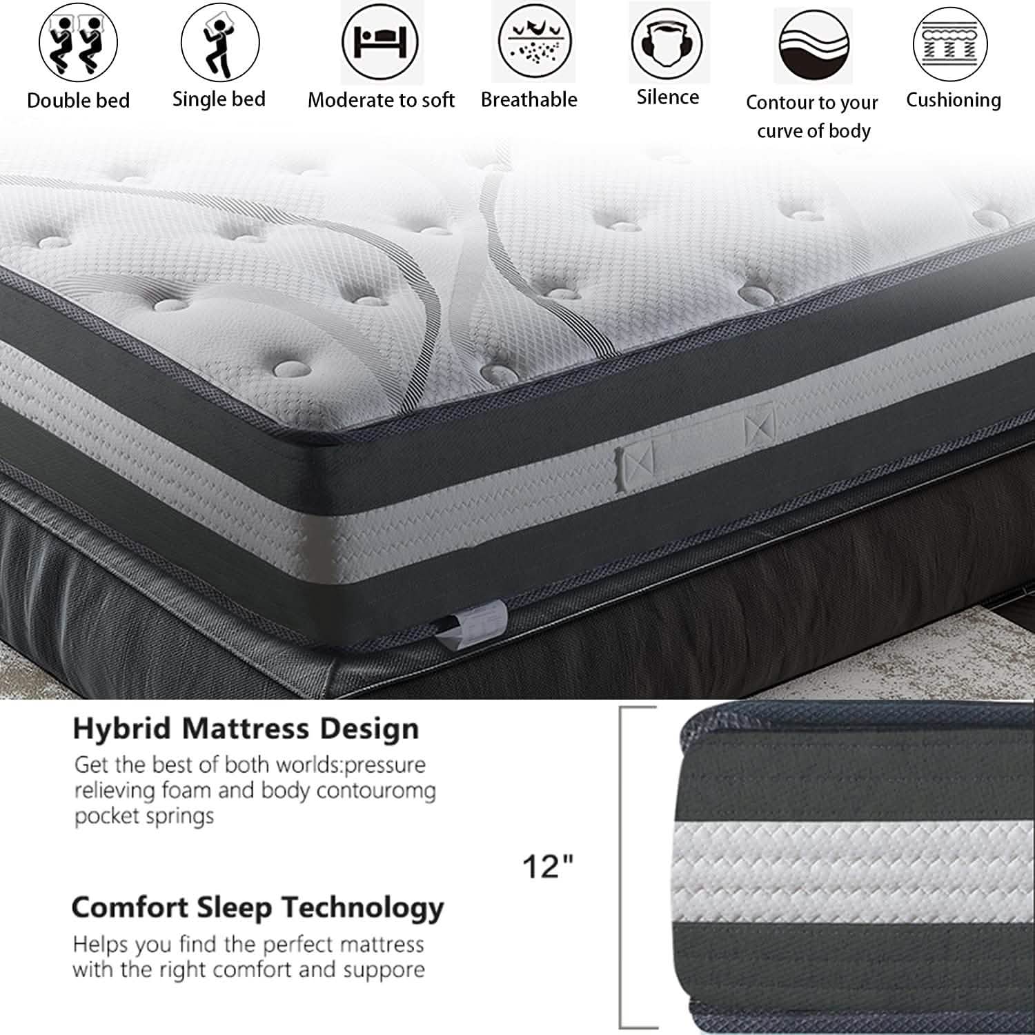 12" Hybrid Pocket Spring Mattress