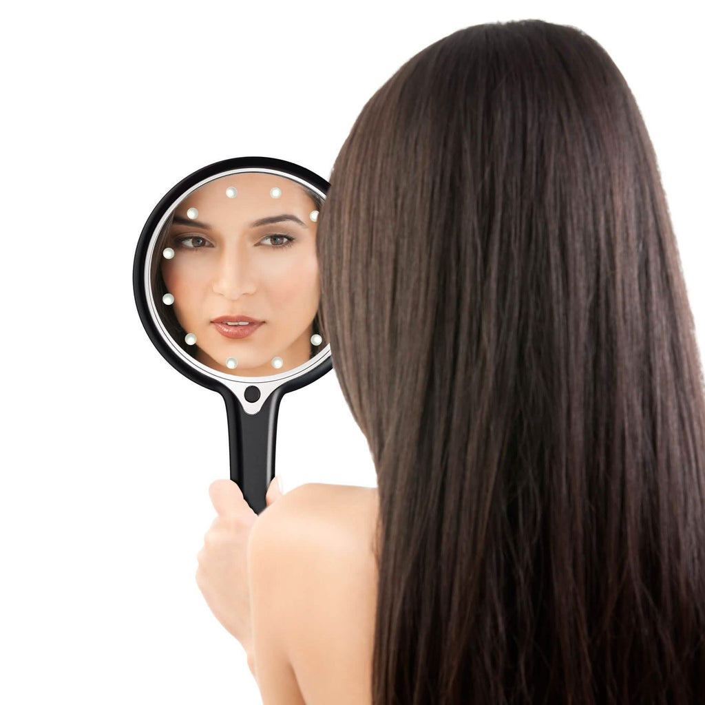 12 LED Lighted Hand Held Cosmetic Mirror, Black