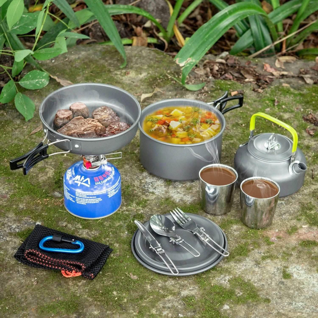 12-Piece: ODOLAND Camping Cookware Mess Kit with Mini Stove