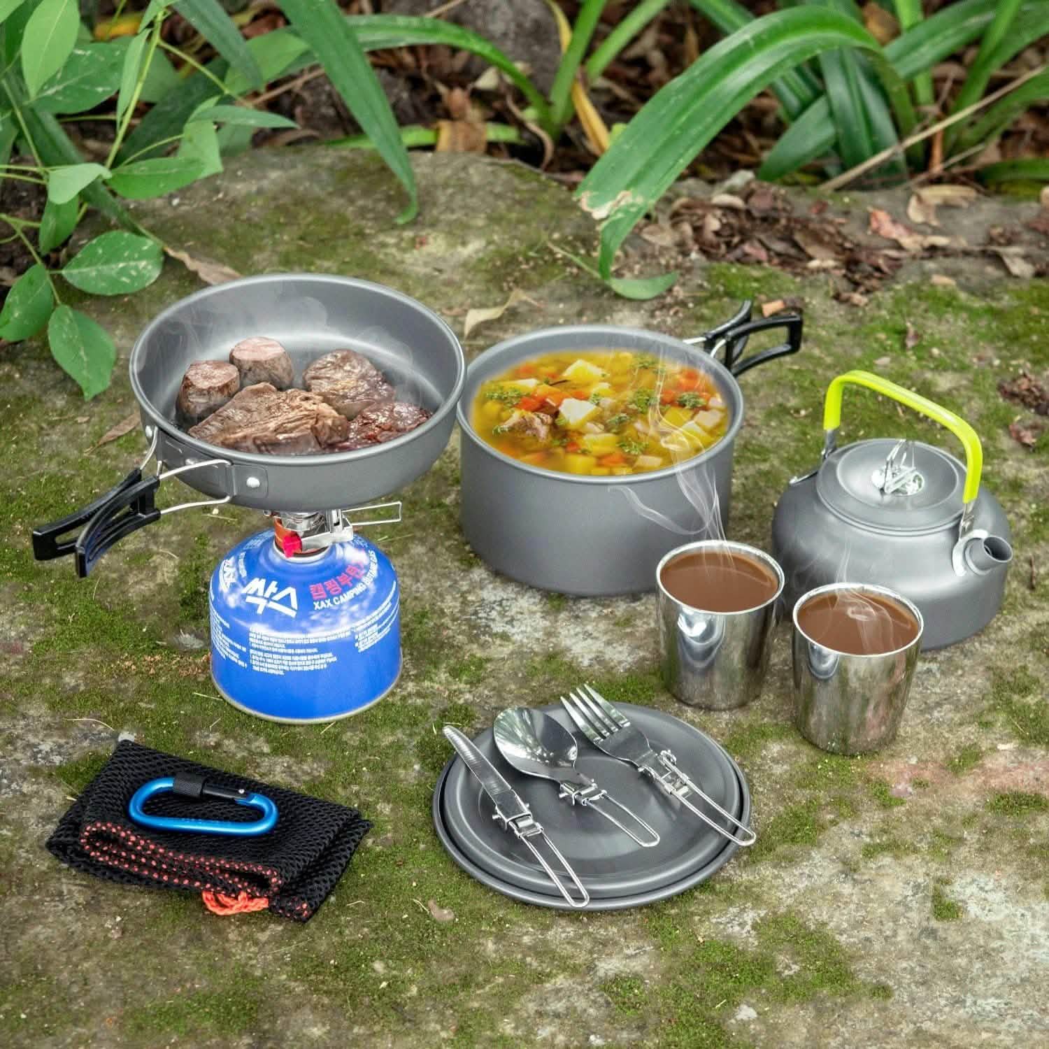 12-Piece: ODOLAND Camping Cookware Mess Kit with Mini Stove