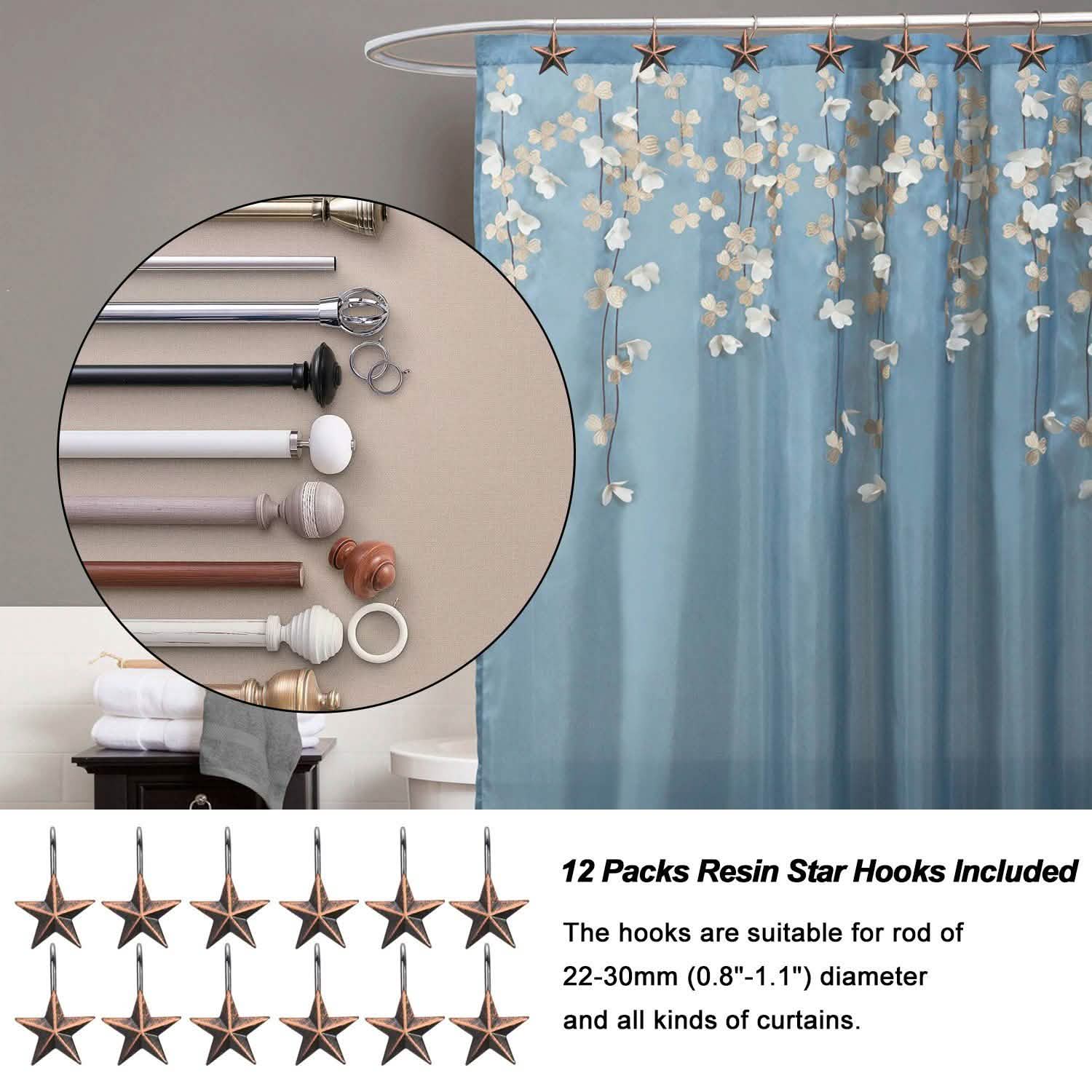 12-Pieces: Anti-Rust Star Decorative Shower Curtain Hooks