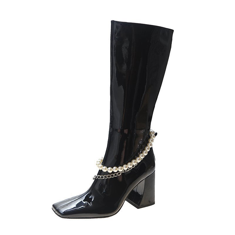 New Patent Leather Boots Women's Pearl Chain Square Toe