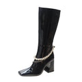New Patent Leather Boots Women's Pearl Chain Square Toe