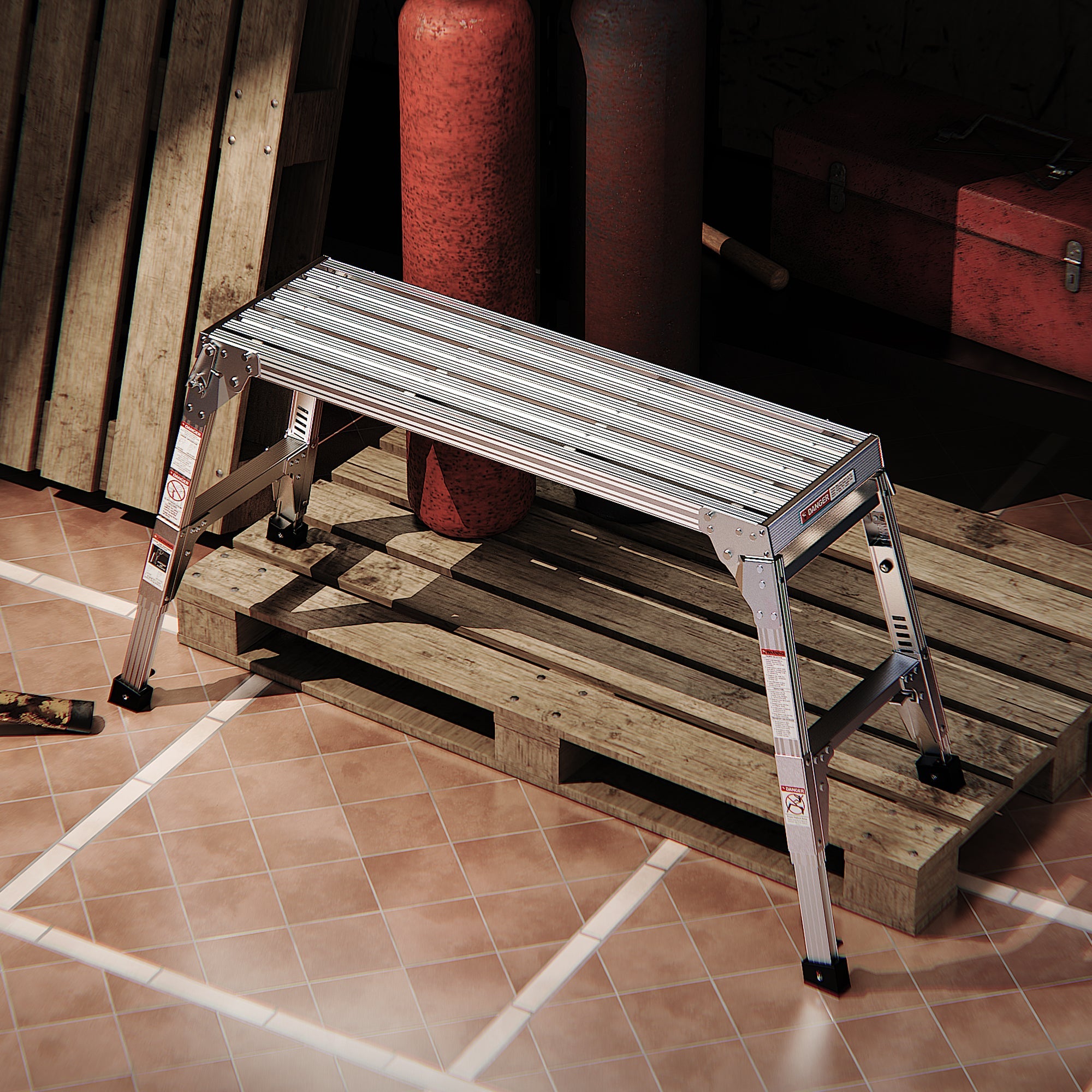 Aluminum Work Platform Large Size Step Stool Folding Portable Work Bench 40" Width Telescopic Feet 22" -27.5" Height Adjustable